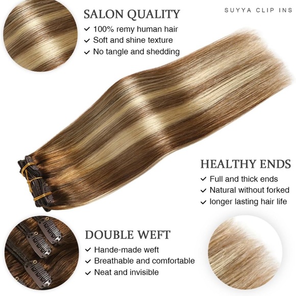 16 Inch , #P6/613/T4 Clip in Hair Extensions Real Human Hair 16 inch 120g 7pcs - Picture 3 of 4